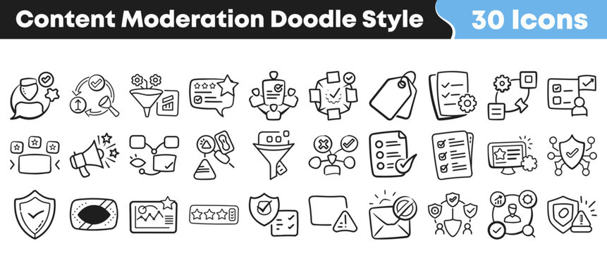 Hand drawn collection of content moderation icons in doodle style