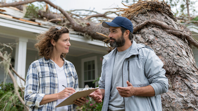 Caucasian woman discussing damage with a man after a storm, tree fallen on house.