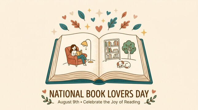 Open Book Illustration With Reading Scene And Falling Leaves Vector Graphic