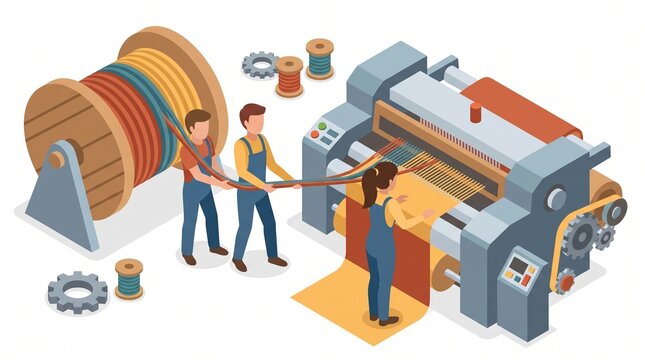 Isometric illustration of characters weaving fabric from a giant spool of thread