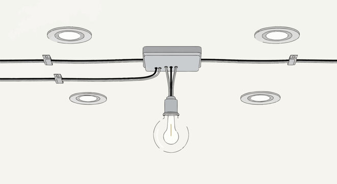 Electrical wiring schematic featuring central junction box, hanging bulb, horizontal power cables with clips, and recessed ceiling downlights on a plain white background surface.