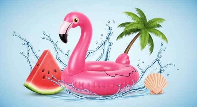 Summer flamingo pool float with tropical beach background.