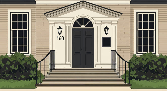 Flat vector illustration of a traditional house entrance featuring black double doors, arched transom window, white columns, stone steps, brick walls, and manicured green bushes.