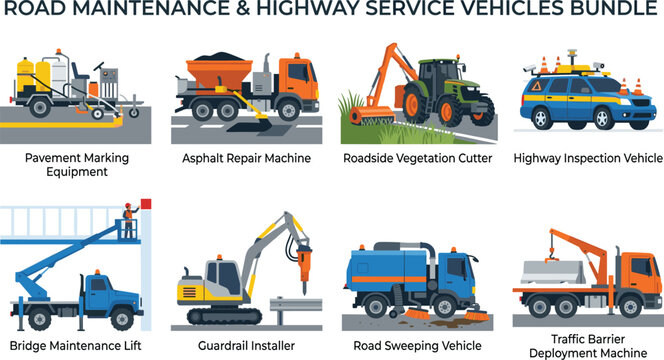 Vector set of road maintenance trucks highway service vehicles and municipal construction machinery bundle