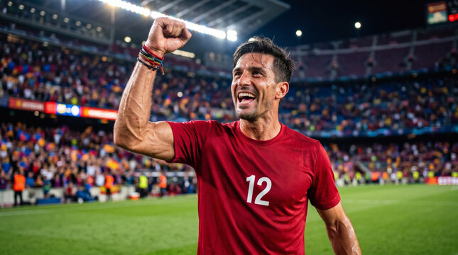 Overjoyed soccer player in a red jersey celebrating victory on a crowded stadium.