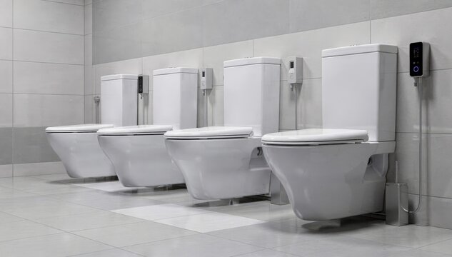 Medium view of a lowflow design toilet station where bowls are flushed and monitored for water usage demonstrating ecofriendly water saving technology.