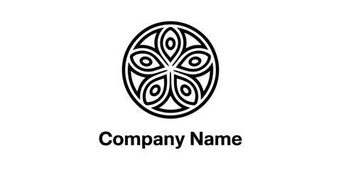 Fototapeta premium Abstract floral circle logo design with a simple black line art flower icon and space for company name text branding
