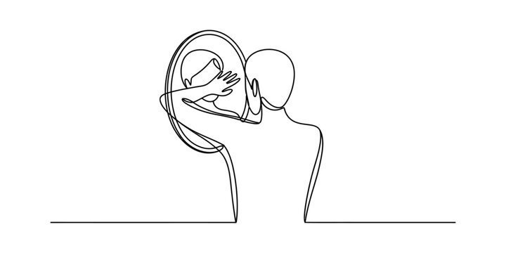 Man looking in round mirror continuous line drawing of a person checking their reflection and touching face for skincare and self care concept art