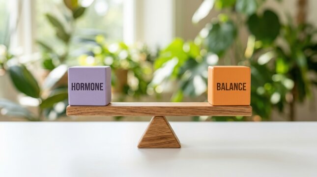 Hormone balance concept wooden scale with cubes representing equilibrium