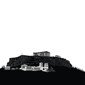 Silhouette of the Acropolis in Athens, Greece, featuring the Parthenon and Odeon of Herodes Atticus in black and white graphic style on a plain white background.