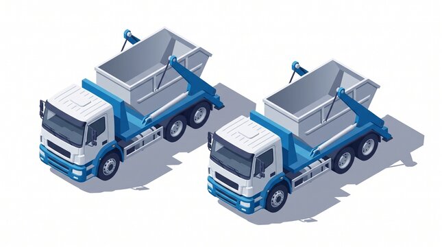 Two isometric illustrations feature skip loader trucks. The truck on the left has open skips, while the truck on the right carries covered skips.

