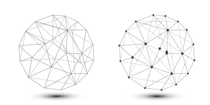 Abstract polygonal network sphere with connected lines and nodes, futuristic digital communication concept, technology, data visualization and global connection design.
