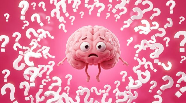 Confused brain character surrounded by question marks 3d illustration