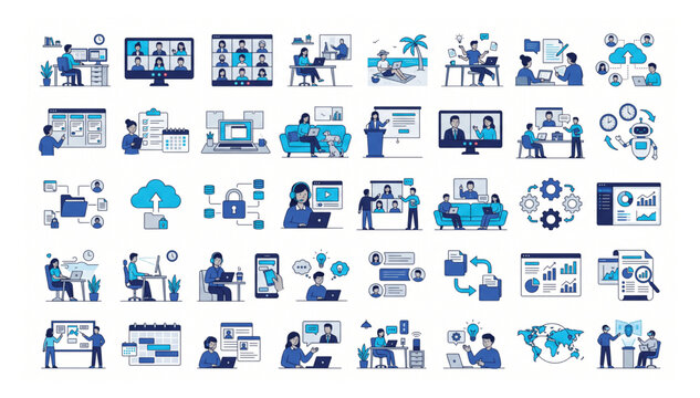 Set of modern flat vector icons illustrating digital communication remote work and business technology processes with communication technology business collaboration conference teamwork