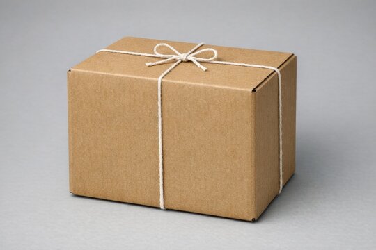 A brown box wrapped with a white string