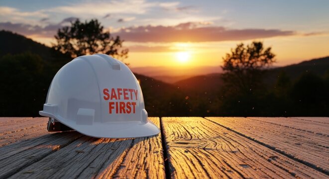 White safety hard hat on wooden deck at sunset.