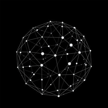 Abstract polygonal network sphere with connected lines and nodes, futuristic digital communication concept, technology, data visualization and global connection design.