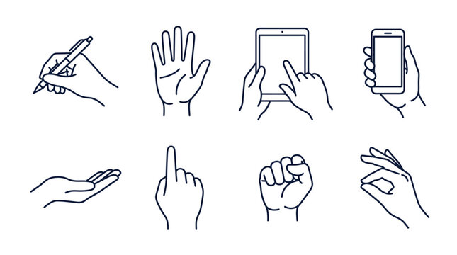 Simple vector illustration collection featuring various hand gestures and professional human actions in line style