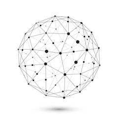 Abstract polygonal network sphere with connected lines and nodes, futuristic digital communication concept, technology, data visualization and global connection design. © Thuin_prodesign