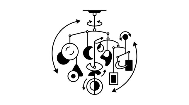 Abstract kinetic mobile art installation with rotating elements.