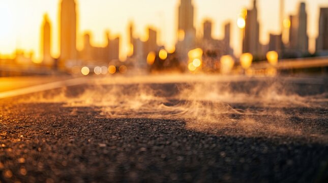 Asphalt road surface with steam rising during a double heat dome in a city at sunset with bokeh urban skyline background