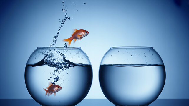Golden fish jumping between two transparent bowls with water