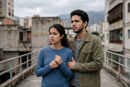 Pareja de j&oacute;venes latinos expresando angustia e incertidumbre en una pasarela urbana con edificios y zonas populares de fondo, representando la realidad social actual