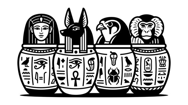 Ancient Egyptian Canopic Jars with Animal Heads and Hieroglyphs.