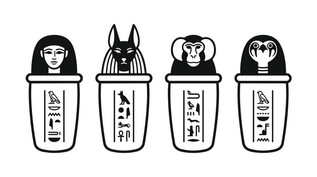 Ancient Egyptian Canopic Jars with Hieroglyphs and Animal Heads.