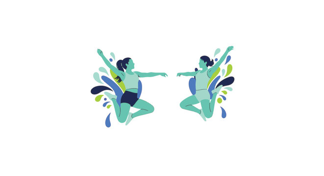 Vector illustration of two female trampoline athletes jumping in the air with abstract colorful splashes, minimalist flat design on white background for sports and fitness themes.