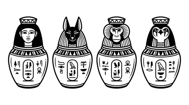 Ancient Egyptian Canopic Jars with Hieroglyphs.