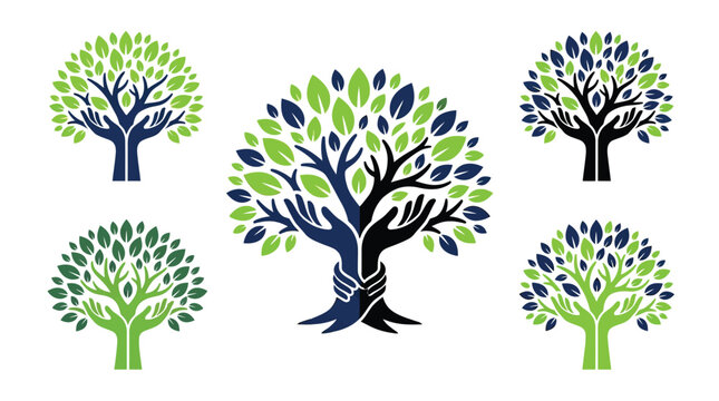 Detailed vector illustration featuring multiple stylized trees with human hand trunks and vibrant green leaves