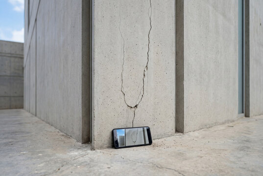 Grieta en forma de Y en pilar de concreto con un smartphone en la base reflejando la escena. Concepto de da&ntilde;o por terremoto en infraestructura de Venezuela, con monta&ntilde;as al fondo.