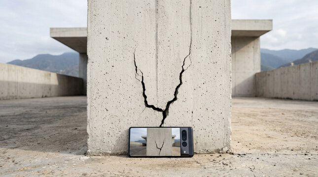 Gran grieta estructural en una columna de concreto expuesto tras un terremoto en Venezuela, con un tel&eacute;fono celular en el suelo que refleja el da&ntilde;o arquitect&oacute;nico.