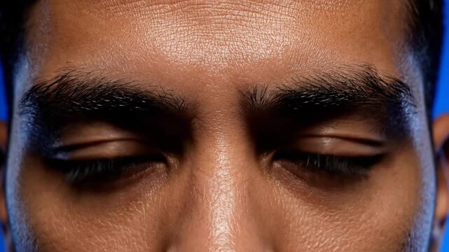 Close up of man opening his eyes after concentrating.