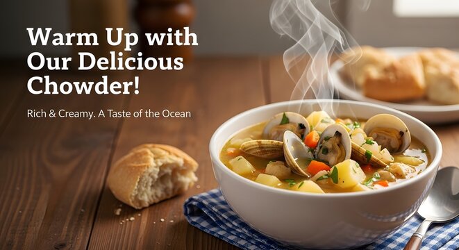 Steaming bowl of clam chowder on wooden table