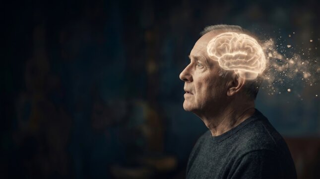 Mature man with glowing digital brain model dissolving into particles with copy space. Cognitive decline and memory loss concept. Neurology scientific of human mental health, aging process.
