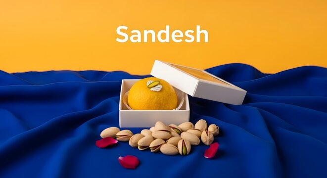 Gift box with sweets and nuts on blue fabric