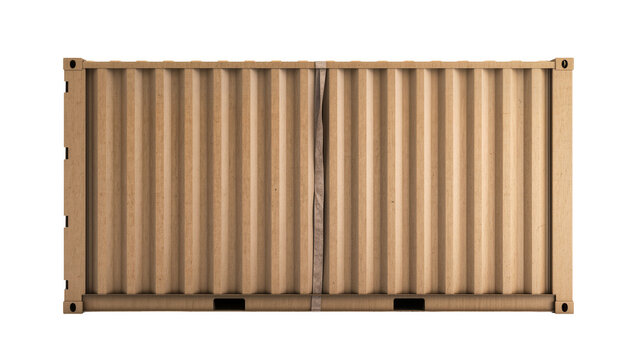 Corrugated cardboard shipping container with metal frame, isolated on transparent background