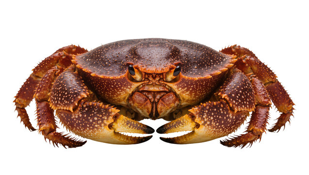 Detailed brown spiky crab with yellow claws, isolated on transparent background