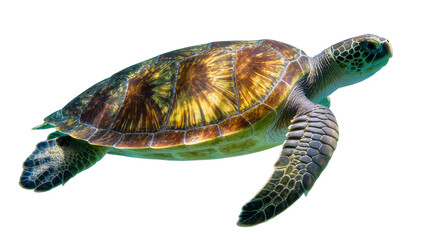 Green sea turtle swimming detailed shell pattern, isolated on transparent background © Mihai