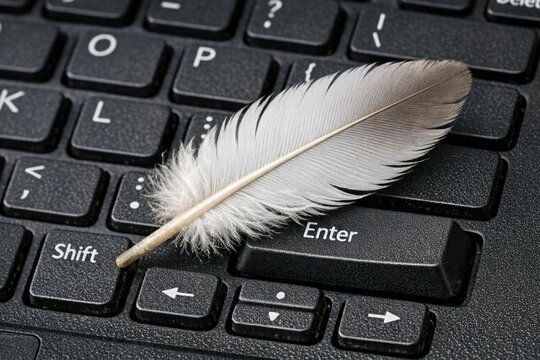 A single white feather sits on top of a computer keyboard, waiting to be discovered
