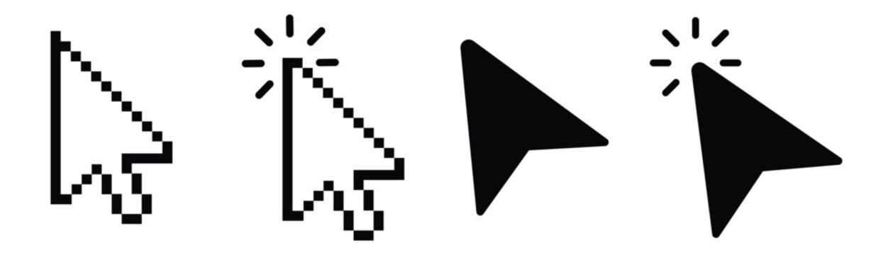 Pixelated retro cursor and smooth modern mouse pointer vector arrow icons with line and filled versions for digital technology and retro computing interfaces