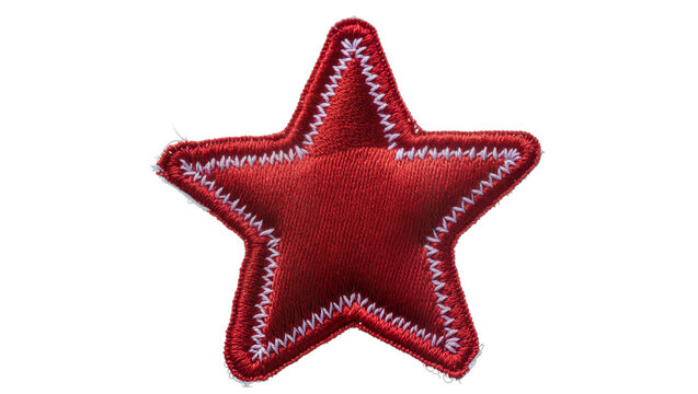 Red star patch with white zigzag stitching, isolated on transparent background
