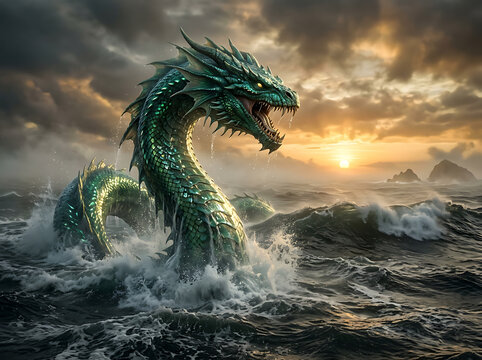 A majestic and fearsome green sea serpent emerges from the stormy ocean waves at sunset, with rocky islands in the distance.