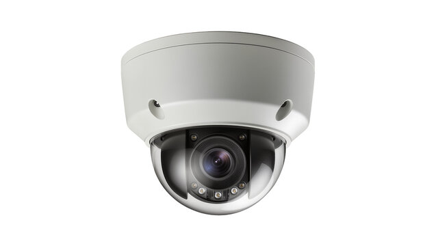 White dome security camera with infrared LEDs, isolated on transparent background