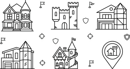 Medieval Castle and Modern House Architecture Line Icon Set with Victorian Mansion Symbols © PJ DeSign