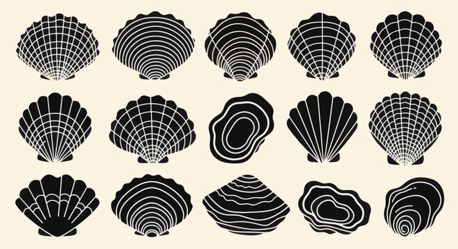 Set of 15 stylized black seashell silhouettes including scallops, clams, and oyster shells with decorative white interior line patterns isolated on an off-white background.