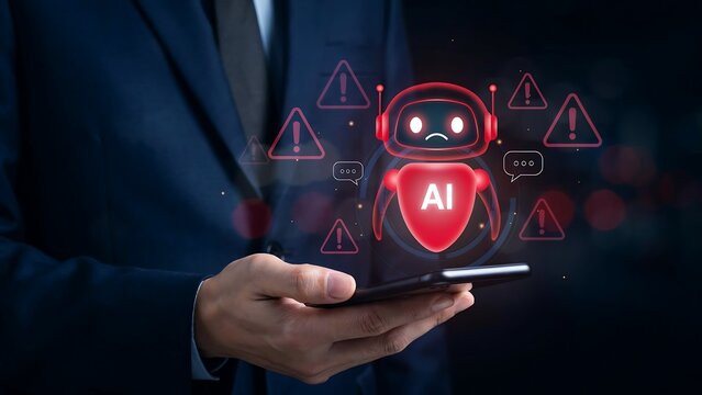 Man holding smartphone with AI robot and warning signs