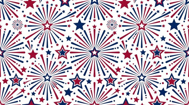 Fireworks pattern with vibrant red and blue bursts and stars creates a festive background design suitable for celebrating national holidays and joyous summer events.